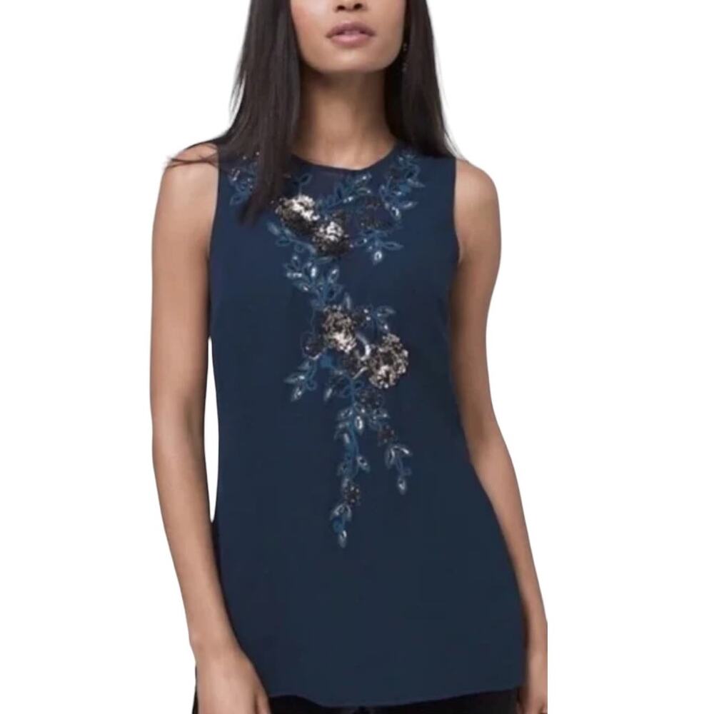 WHITE HOUSE BLACK MARKET Women's Blue Sequin Sleeveless Blouse Top WHBM